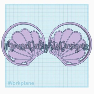 May include: A 3D printed design of two seashells with a light purple color. The design is on a blue grid background.