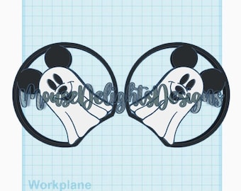 Pode incluir: Duas cabeças de Mickey Mouse fantasma em preto e branco com um círculo preto ao redor. Os fantasmas estão sorrindo e têm uma pegada de pata no nariz.