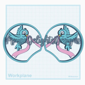 May include: A light blue design featuring two bird silhouettes holding a pink ribbon, set within a circular frame. The text "Mouse Delights Designs" is overlaid on the design. The background is a light blue grid.