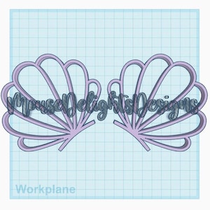 May include: Two purple seashell shapes on a blue grid background. The seashells are layered and have a 3D effect.