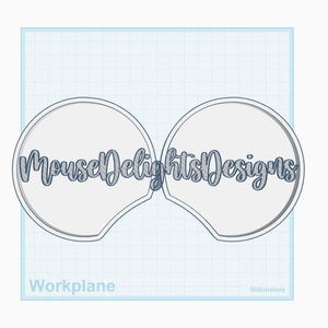 May include: A digital design showing two white, circular shapes with ear-like extensions, resembling mouse ears. The text "MouseDelightsDesigns" is written in a script font across the center of the shapes. The background is a light blue grid.