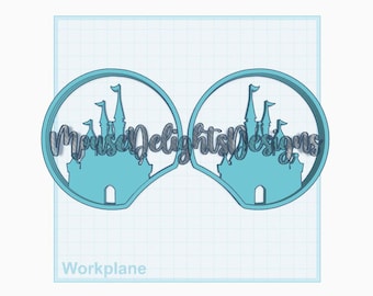 May include: A pair of blue 3D printed mouse ears with a silhouette of Cinderella's castle inside each ear. The text "Mouse Delights Designs" is visible in the centre of the image.