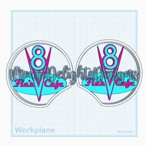 May include: Two identical circular emblems featuring a stylized V8 logo in bright pink and light blue. The design includes the text 'Flo's V8 Cafe' in a script font across a light blue oval. The emblems are set against a light blue grid background.