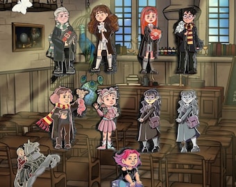 May include: A set of ten enamel pins featuring characters from the Harry Potter series. The pins are colorful and detailed, and they depict various characters from the books and movies, including Harry Potter, Hermione Granger, Ron Weasley, and Draco Malfoy. The pins are perfect for fans of the Harry Potter series.