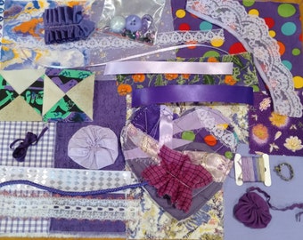 Huge Slow stitch kits, Lots of colours, purple, blue, grunge, yellow, Creative sewing bundle, fabric and embellishments, padded heart.