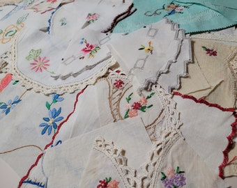 Grab bag of Vintage hand stitched embroidery scraps - junk journal, cross stitch, slow stitching