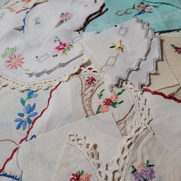 Grab bag of Vintage hand stitched embroidery scraps - junk journal, cross stitch, slow stitching