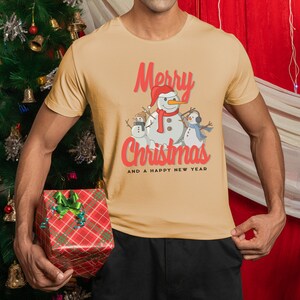 Merry Christmas and a Happy New Year Snowmen Greeting Shirt, Unisex Seasons Greetings Shirt, Retro Snowmen Shirt Gift for Christmas