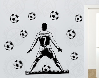 Vinilo decorativo jugador de fútbol pose nombre deseado número deseado bolas personalizable habitación infantil motivo de pared fútbol deporte deco independiente monocromo