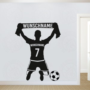 Wall decal soccer player cheering with desired name, desired number and desired fan scarf inscription football sport can be personalized individually fan scarf