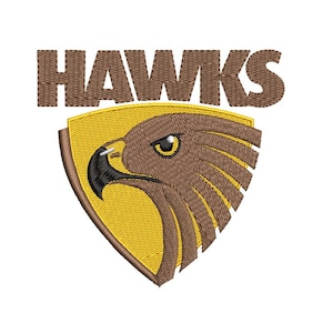 May include: Embroidered patch with a hawk's head in a shield shape, and the word "HAWKS" above. The design uses brown, yellow, and black thread on a white background. Suitable for sports enthusiasts.
