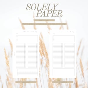 以下が含まれることがあります： 「SOLELY PAPER」と「SIMPLE DAILY」というテキストが上部に書かれた、印刷可能なデイリープランナーの2つのバージョン。プランナーには、日付のセクション、ToDoリストのセクション、メモのセクションがあります。プランナーは、シンプルなデイリープランナー、カテゴリ分けされたリスト、またはブレインダンプとして使用するために設計されています。