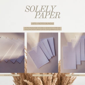 May include: A set of four blank notepads in three different sizes: Pocket Plus, A6, and Personal. The notepads are white with a subtle grid pattern and are stacked on a light brown surface. The text "SOLELY PAPER" and "LISTS + NOTES BUNDLE" is visible at the top of the image. The text "NOTE, the bundle includes 4 variations in ONE size *pictures shown below are for sizing reference only" is also visible.