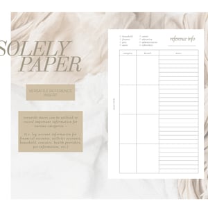 Puede incluir: Una hoja de referencia imprimible con fondo blanco y texto negro. La hoja está dividida en tres columnas etiquetadas como "categoría", "detalles" y "notas". La hoja está diseñada para ser utilizada para registrar información importante para varias categorías, como el hogar, las finanzas, las mascotas, etc.