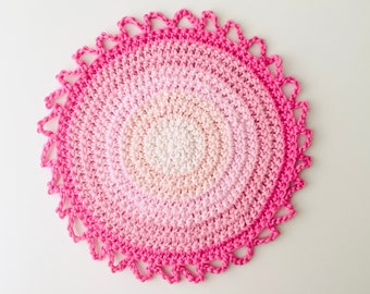 Soft Cotton Crochet Pink Gradients Doily with Lace Border ~ 9 inch Reversible Doily ~ Soothing Blended Pink Table Topper