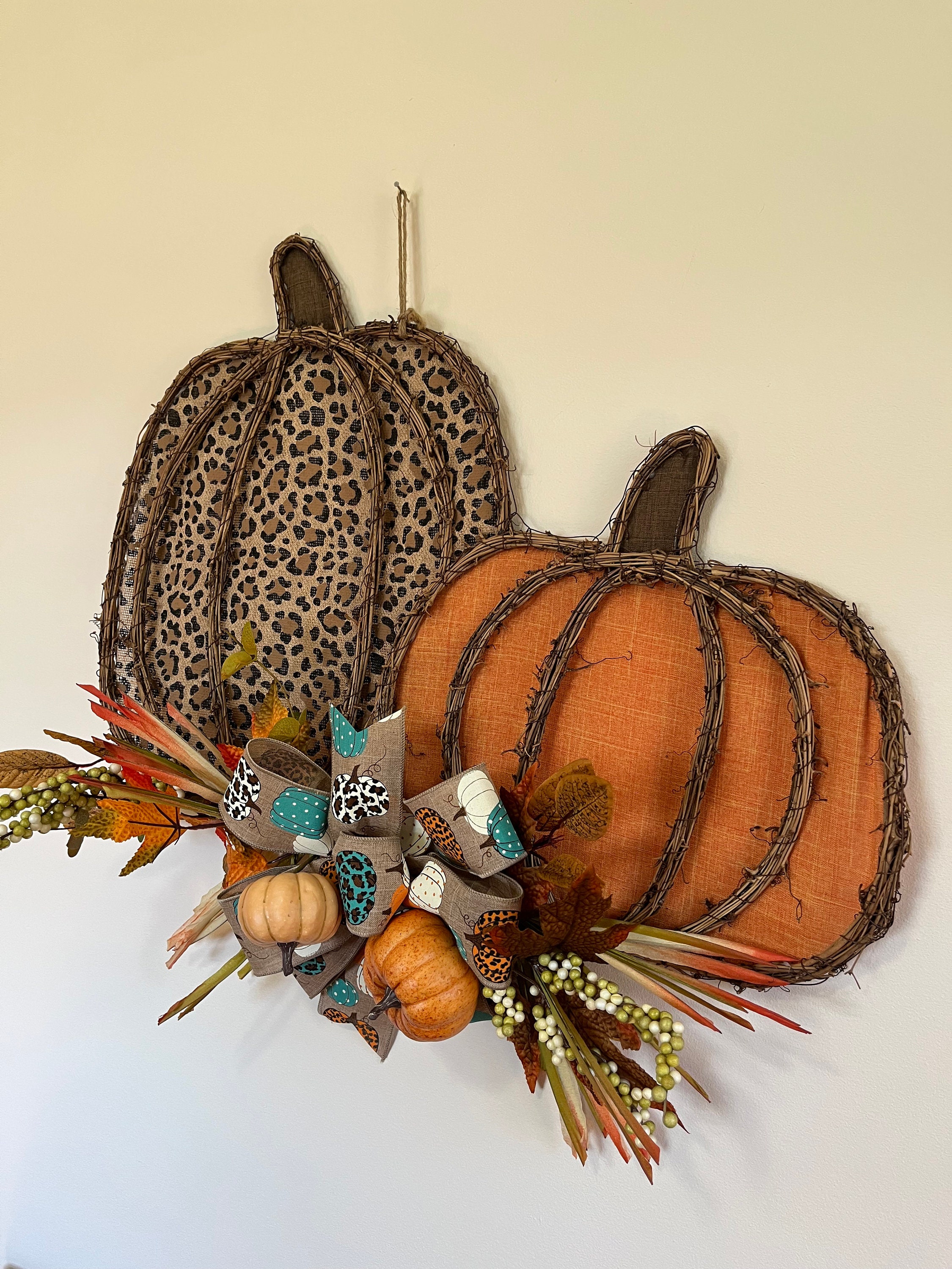 Orange and Leopard Pumpkin Front Door Grapevine Wreath, Animal Print ...