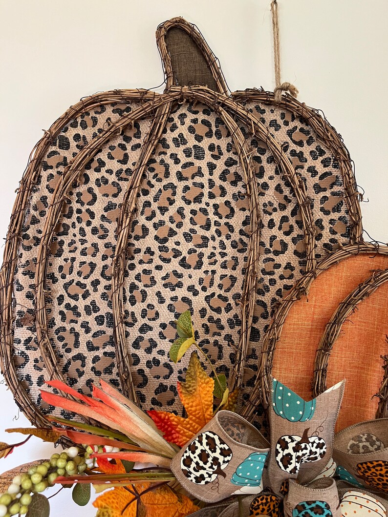 Orange and Leopard Pumpkin Front Door Grapevine Wreath, Animal Print ...