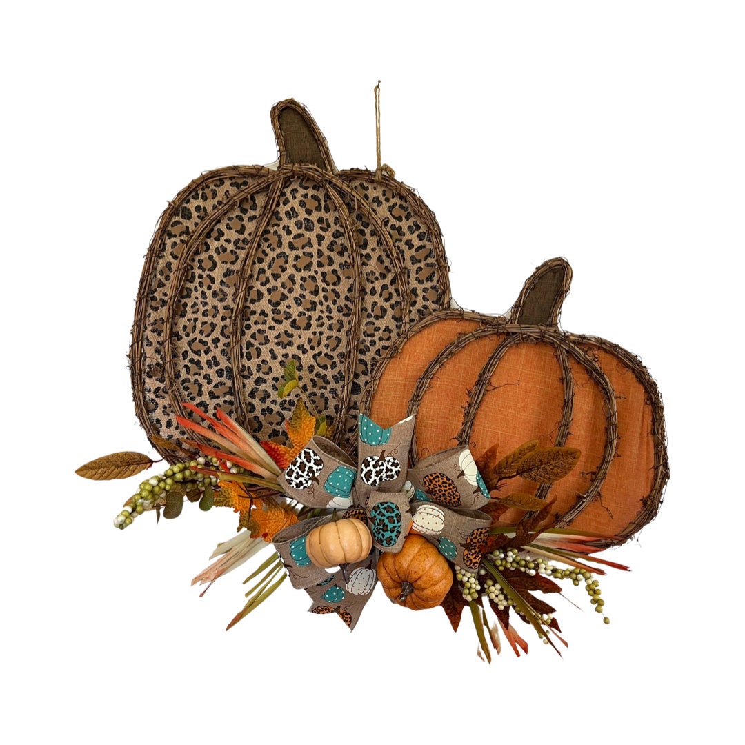 Orange and Leopard Pumpkin Front Door Grapevine Wreath, Animal Print ...