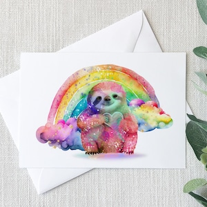 Carte de voeux paresseux arc-en-ciel, papeterie animaux mignons, impression d'art drôle paresseux, carte-cadeau paresseux, carte arc-en-ciel pour amoureux des animaux, carte fantaisiste