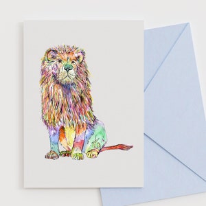 Carte de voeux de lion arc-en-ciel, carte d'art animalier coloré, illustration de lion de fierté, papeterie d'animaux sauvages vibrants, carte de safari audacieuse pour tous