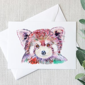 Carte de voeux panda roux arc-en-ciel, art animalier coloré, illustration mignonne de la faune, carte originale pour amoureux des animaux de compagnie, papeterie fantaisiste, carte pour tous