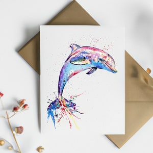 Carte de voeux dauphin arc-en-ciel, art animalier océan coloré, illustration fantaisiste de la vie marine, cadeau pour amoureux des dauphins, carte pour tous, carte de remerciement