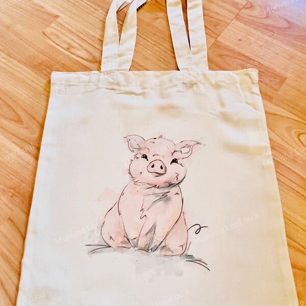 Reusable shopping bag with pig image, tote bag with cute animal, shopping gift for mum, gift for her, eco friendly gift, keep in car bag