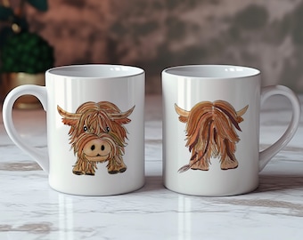 Highland cow mug, cute cow mug, farm animal gift, front and rear cow mug, funny cow mug birthday gift, cheeky cow cup, office mug