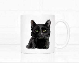 Black Cat Mug, fur baby gift, cat lover gift, halloween cat, stocking filler for her, special mum gift, Feline picture mug, cat and coffee