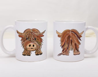 Highland cow mug, cute cow mug, farm animal gift, front and rear cow mug, funny cow mug birthday gift, cheeky cow cup, office mug