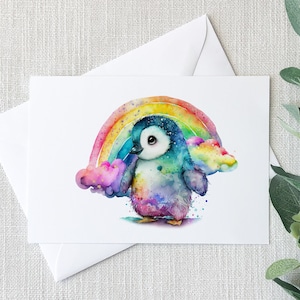 Carte de voeux pingouin arc-en-ciel, art animalier coloré, papeterie fierté LGBTQ+, illustration fantaisiste de pingouin, jolie carte oiseau arc-en-ciel,