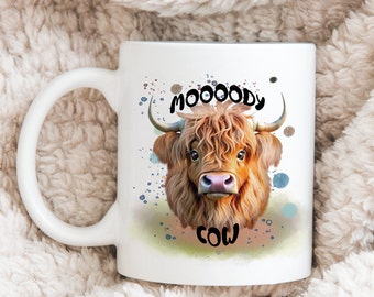Funny moody cow mug, gift for a moody cow, highland cow mug, humorous mug gift for friend, gift for happy birthday, unique gift for coworker