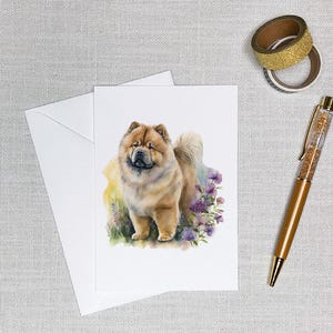 May include: A watercolour painting of a Chow Chow dog standing in a field of purple flowers. The dog is light brown with a fluffy coat and a black nose. The flowers are in bloom and have green stems.
