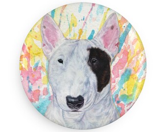 Bull terrier colorful dog breed magnet, pastel rainbow watercolor splatter fine art prints, unique gifts for dog lovers