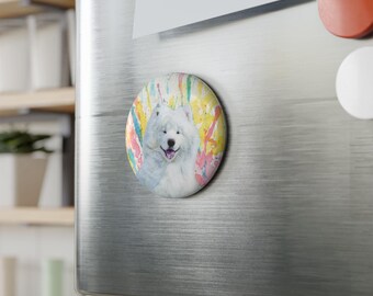 Samoyed colorful dog breed magnet, pastel rainbow watercolor splatter fine art prints, unique gifts for dog lovers
