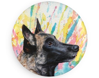 Belgian malinois colorful dog breed magnet, pastel rainbow watercolor splatter fine art prints, unique gifts for dog lovers