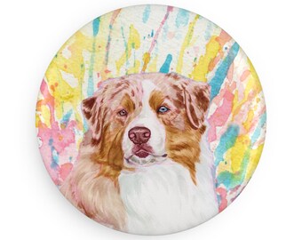 Australian shepherd colorful dog breed magnet, pastel rainbow watercolor splatter fine art prints, unique gifts for aussie lovers