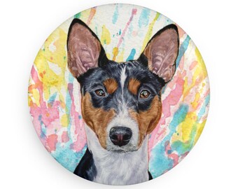 Basenji colorful dog breed magnet, pastel rainbow watercolor splatter fine art prints, unique gifts for dog lovers