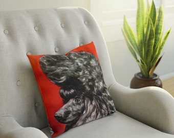 Pillow Cushion - TOY POODLE, black, show trim, continental cut, poodle, watercolor, realistic, poodle gifts