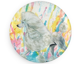 Poodle gaiting colorful dog breed magnet, pastel rainbow watercolor splatter fine art prints, unique gifts for dog lovers