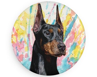 Doberman pinscher colorful dog breed magnet, pastel rainbow watercolor splatter fine art prints, unique gifts for dog lovers