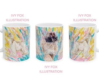 Afghan Hound ceramic Mug 11oz - (single mug) blue pink yellow cotton candy watercolor splatters, sighthounds, Afghan Hound gifts