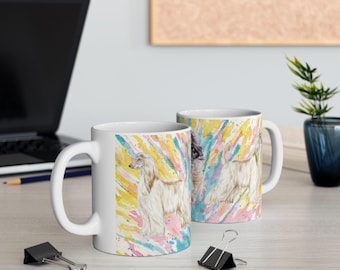 Afghan Hound ceramic Mug 11oz - blue pink yellow cotton candy watercolor splatters, sighthounds, Afghan Hound gifts