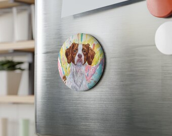 American Brittany colorful Dog Breed Magnet, Pastel Rainbow Watercolor splatter Fine Art Prints, Unique Gifts for sporting Dog Lovers
