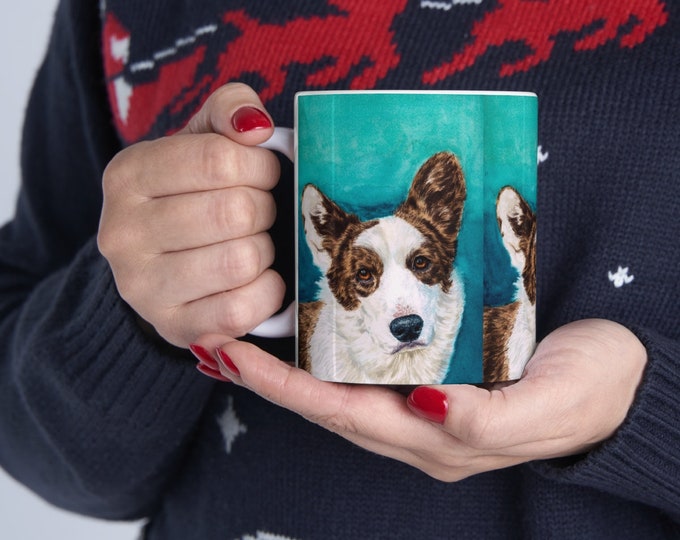 Ceramic Mug 11oz - Cardigan Welsh Corgi, corgis, herding dogs, brindle, Watercolor, cardigan corgi gifts
