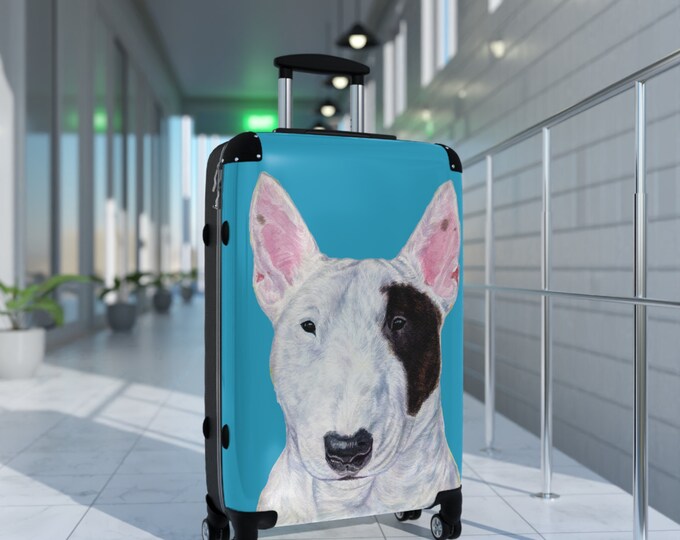 Mini Bull terrier Suitcase, dog travel gear mini bull terrier gifts,  travel bag with lock, adjustable handle, 360 wheels