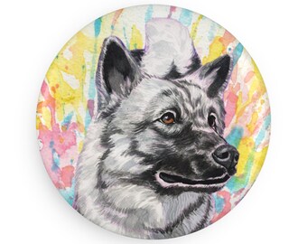 Norwegian elkhound colorful dog breed magnet, pastel rainbow watercolor splatter fine art prints, unique gifts for dog lovers
