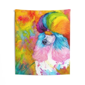 Indoor Wall Tapestries RAINBOW POODLE, standard poodle, watercolor, spoo, continental cut, realistic, unique poodle gifts