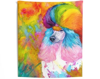 Indoor Wall Tapestries RAINBOW POODLE, standard poodle, watercolor, spoo, continental cut, realistic, unique poodle gifts
