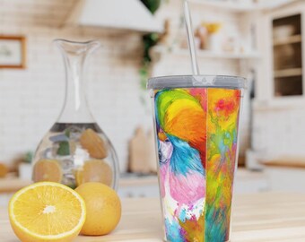 Plastic tumbler with straw - rainbow poodle, watercolor, standard poodle, creative dog grooming, continental clip